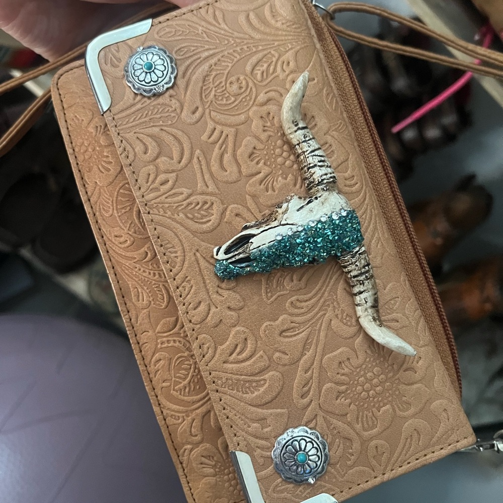Tan Embossed Wallet with Turquoise Bull Skull Accent
